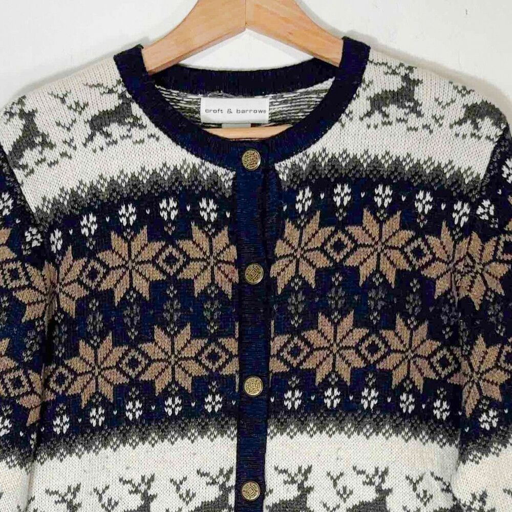 VTG Fair Isle AOP Reindeer Snowflake Cardigan Sweater Womens L Grannycore Knit